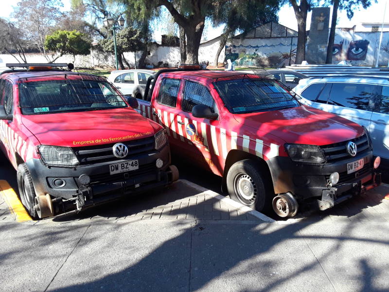 Railway road-rail trucks at the train station in Rancagua, Chile.