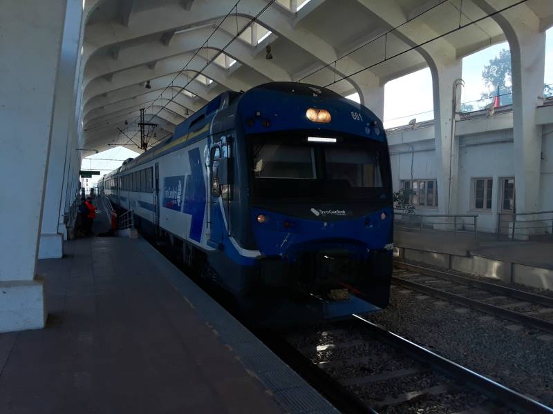 Train to Talca arriving at the train station in Rancagua, Chile.