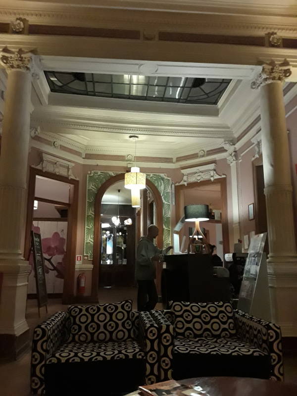 Lobby area in the Happy House Hostel in Santiago.