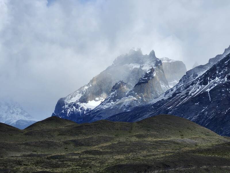 Cuernos del Paine in partial sunlight.