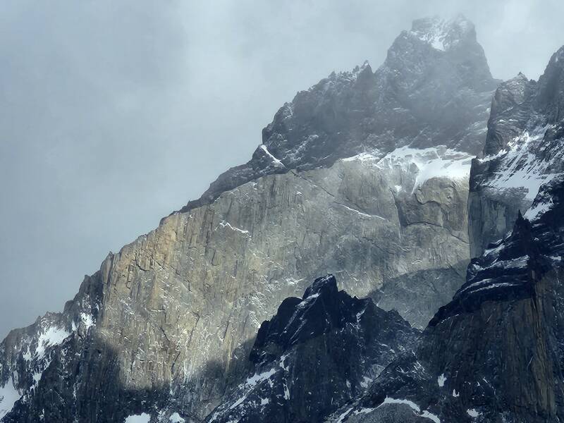 Sun-lit face high on Cuernos del Paine.