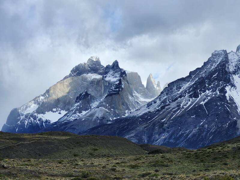 Sunlight on multiple 'horns' around Cuernos del Paine.