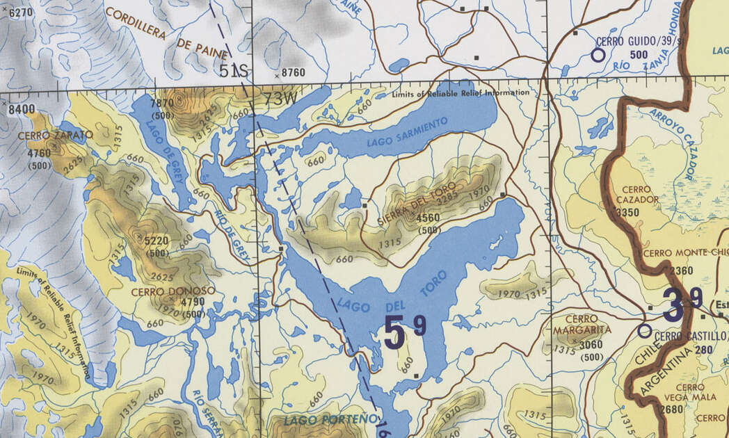 Section of TPC map T-18A showing Torres del Paine and Cerro Castillo.