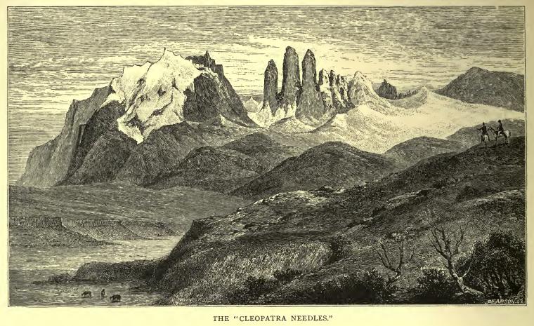 Illustration of 'Cleopatra Needles' from the 1880 book 'Across Patagonia' by Lady Florence Dixie.