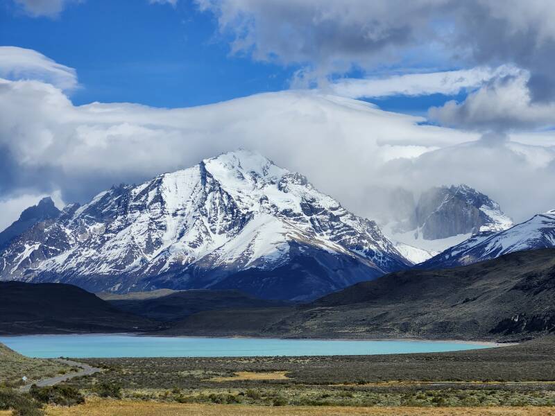 Lenticular clouds over Cuernos del Paine, Monte Almirante Nieto. Clouds obscuring Torre del Paine Sur, Torre del Paine Central, Torre del Paine Norte, and Cerro Nido de Condor.  3× digital zoom.