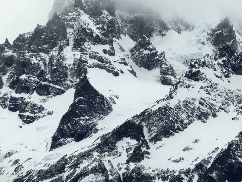 Snow and ice high on Cuernos del Paine.