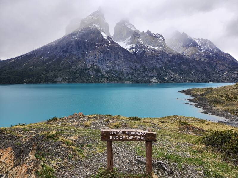 'Fin del Sendero', 'End of the Trail' sign at Lago Nordenskjöld and Cuernos del Paine.