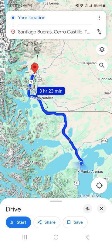 Google Maps display of the route: 284 km, estimated 8 hours and 23 minutes.