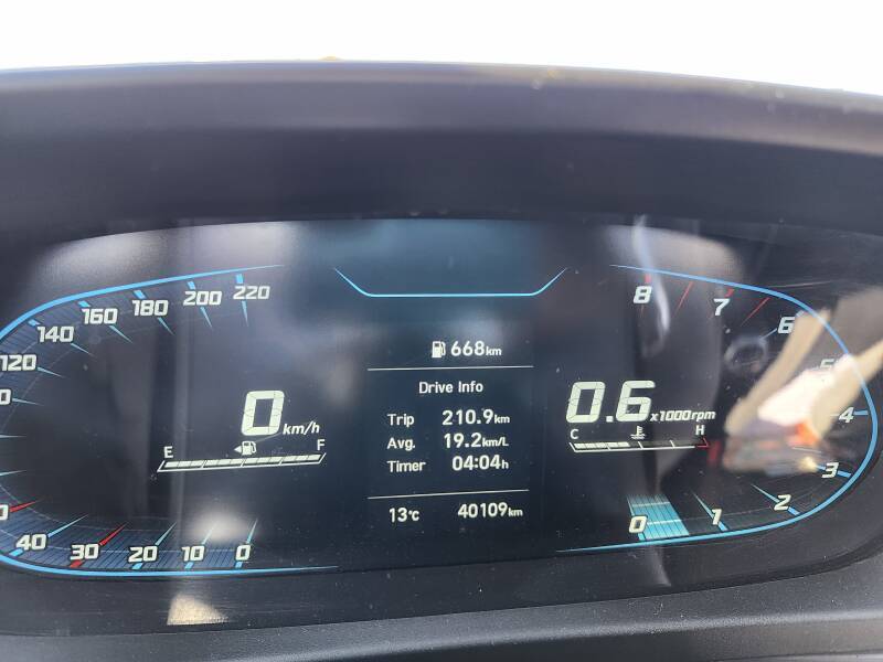 Instrument panel in car with recent fuel use rate and estimated kilometers remaining.