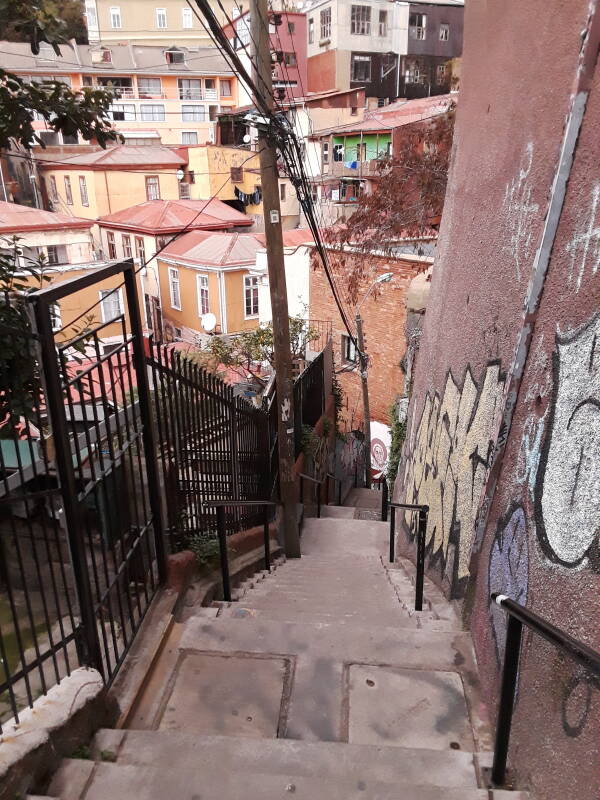 Steep staircase in Cerro Alegre area in Valparaíso, Chile