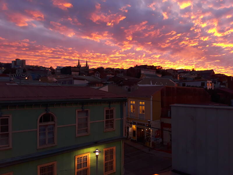 Sunset over Cerro Alegre area in Valparaíso, Chile
