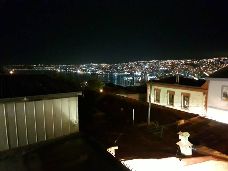 Harbor and hills of Valparaíso at night.