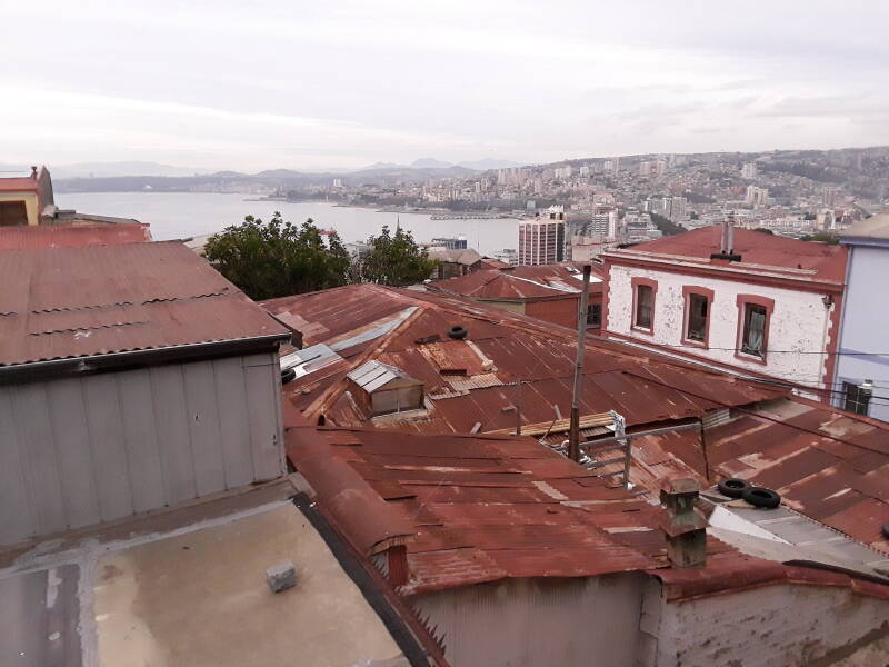 View of the harbor and hills from the Acuarela Hostel in Valparaíso, Chile