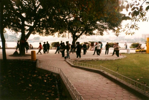 A large group does morning Tai-Chi exercises in a park in China.
