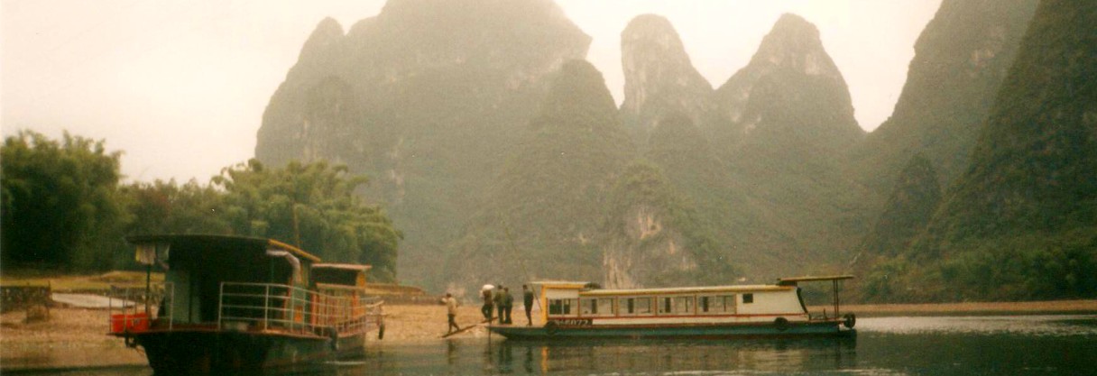 Boats on the Li River in Guangxi Province, China.