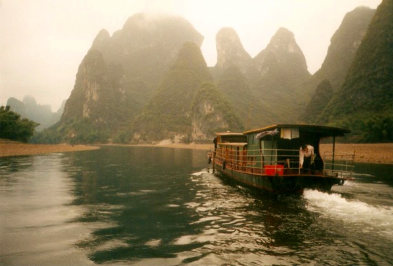 Passing a boat on the Li River.