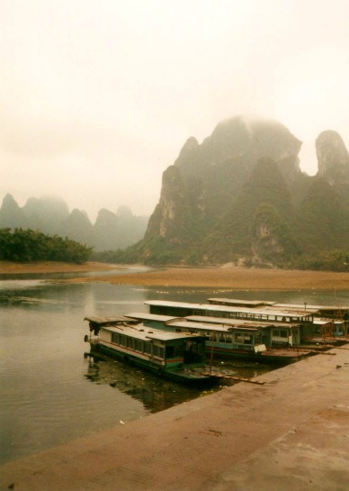 Boats lined up at the Li River pier in Xingping.