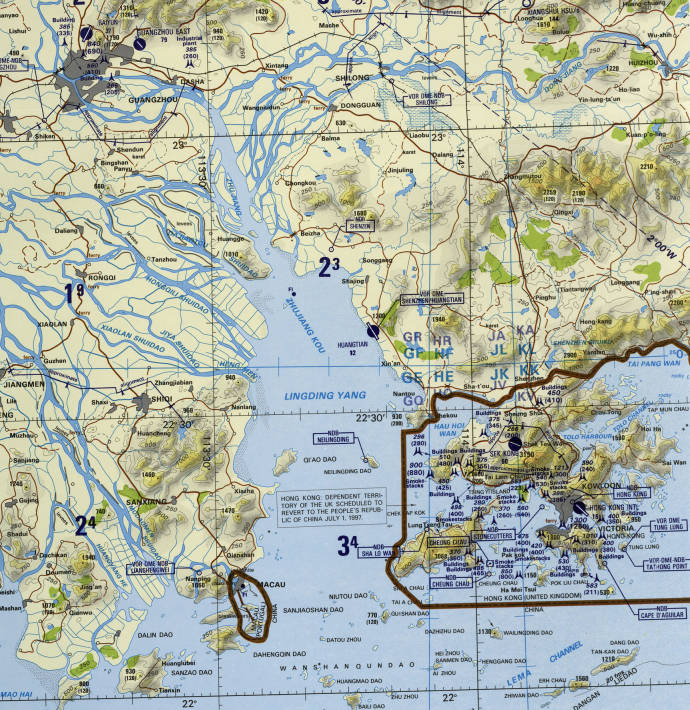 Tactical Pilotage Chart J-11B showing Hong Kong, Macau, and Guangzhou in southeastern China.