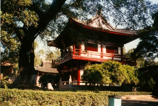 Two-story white and red Buddhist temple in China.