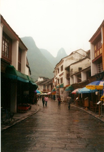Xi Jie, a street with many shops and cafes in Yangshuo, China.