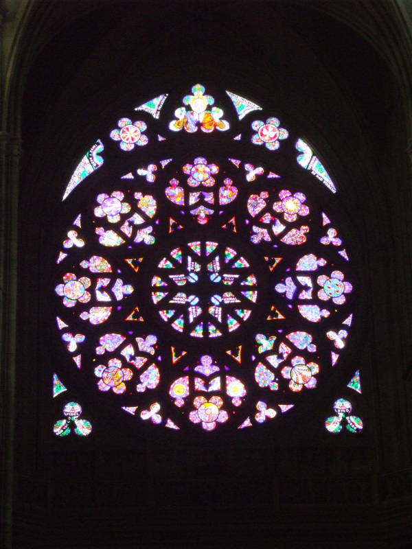 Stained glass window in Saint Vitus Cathedral in Prague.