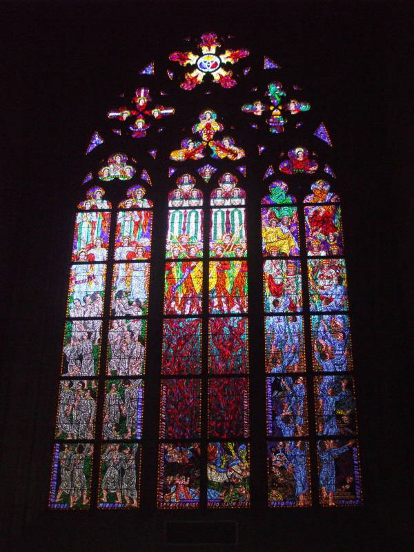 Stained glass window in Saint Vitus Cathedral in Prague.