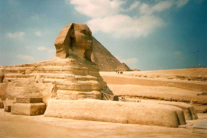 Sphinx and the Pyramid of Kheops, Pyramid of Chephren, and Pyramind of Mycerinus, on the Giza Plateau.