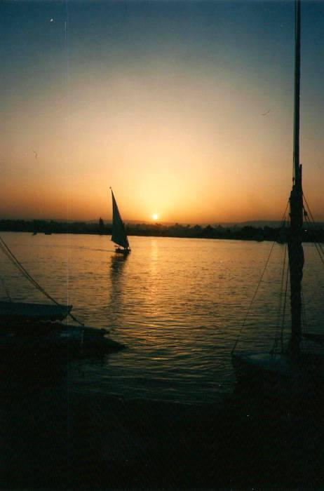 Faluccas, or sailboats, on the Nile River at Luxor.