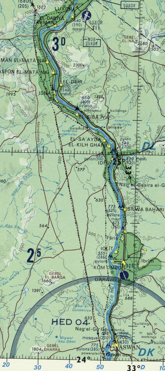 Map of the Nile River from Luxor to Aswan.  ONC chart H-5.