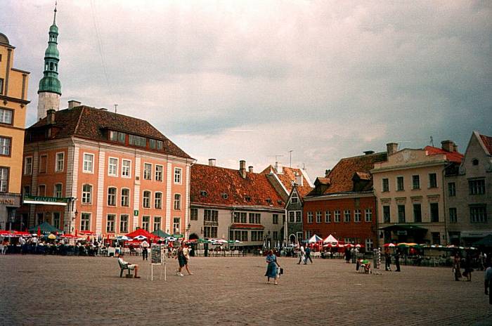 The market square at the center of the old city in Tallinn, Estonia.