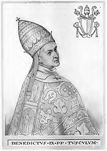 Pope Benedict IX from The Lives and Times of the Popes by Chevalier Artaud de Montor, New York: The Catholic Publication Society of America, 1911, originally published in 1842, from https://commons.wikimedia.org/wiki/File:Pope_Benedict_IX_Illustration.jpg