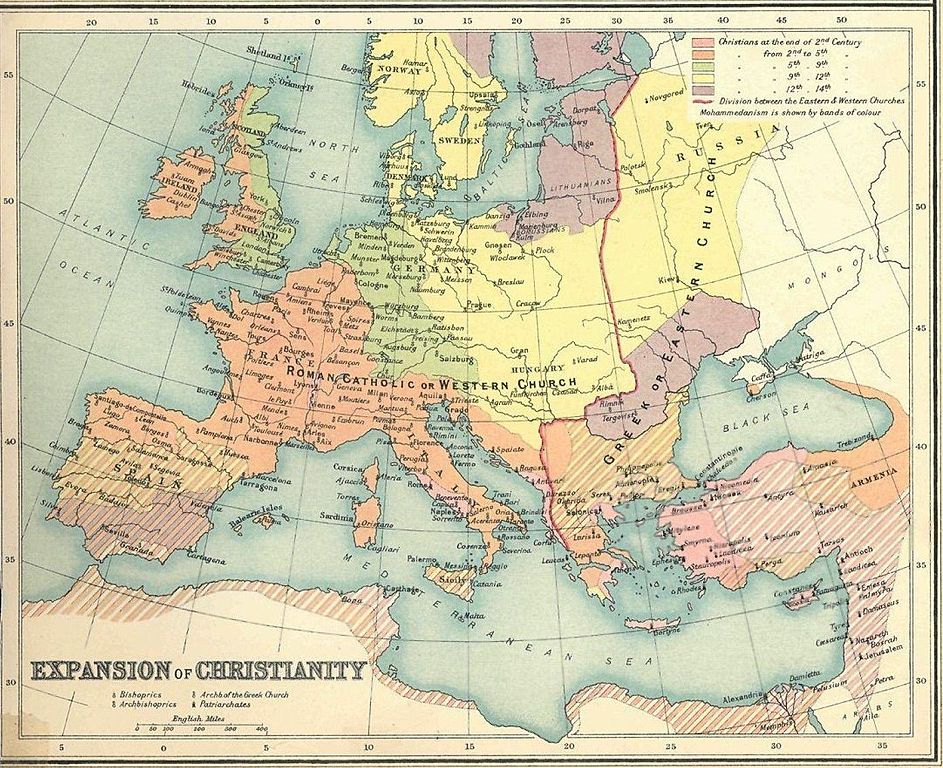 Map of the expansion of Christianity, from https://en.wikipedia.org/wiki/File:Expansion_of_christianity.jpg, from Atlas of the Historical Geography of the Holy Land (London, 1915)