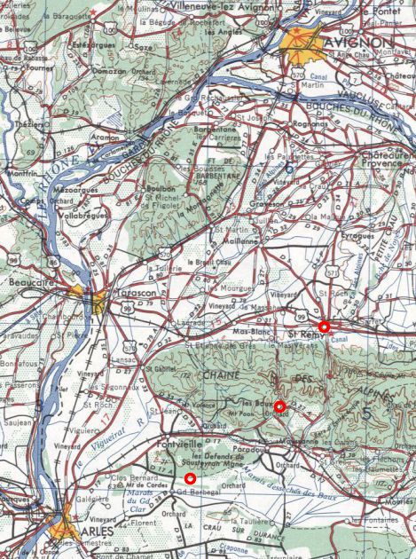 U.S. Army map NK-31 showing Barbégal, Les Baux-de-Provence and St-Rémy in southern France.