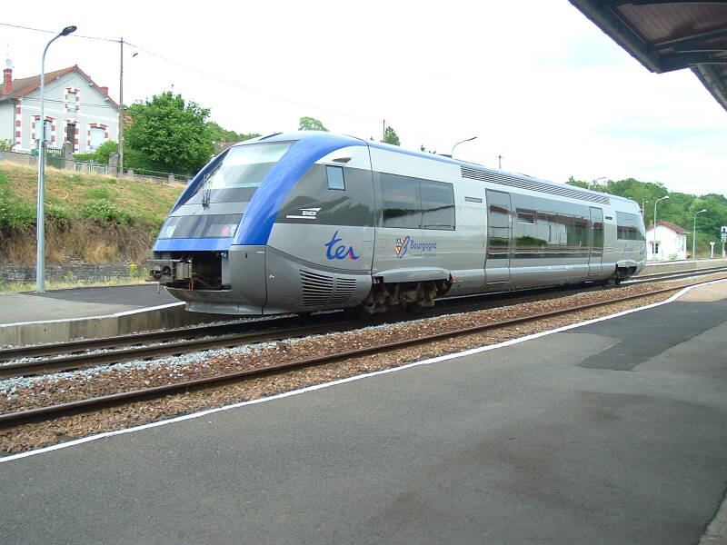 RER regional train stops at the station in in Decize.