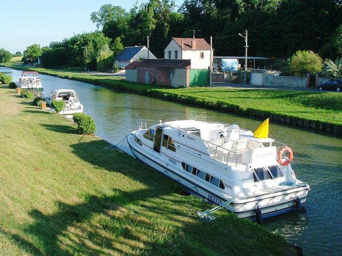 Boat tied up for the evening on a canal in central France.