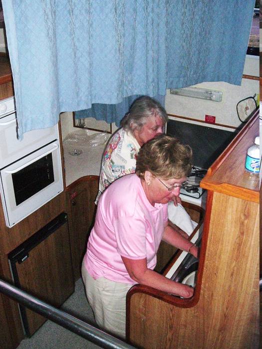 Galley (cooking area) on board the canal boat.