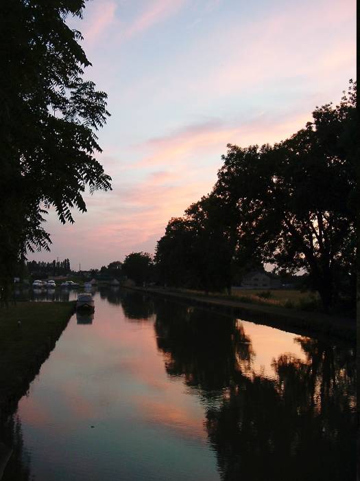 Sunset over the canal in central France.