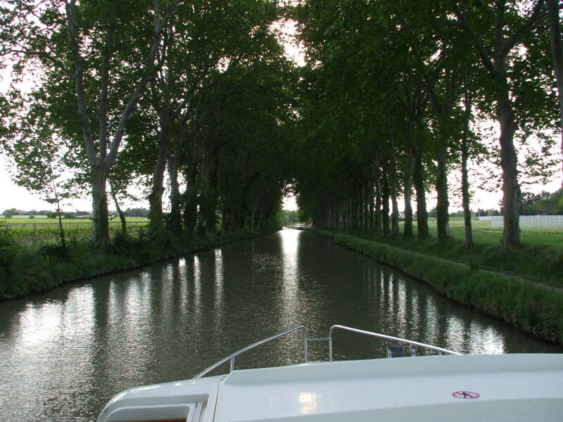 In a rented canal boat on the Canal du Midi between Béziers and Colombiers.