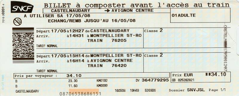 SNCF train ticket from Castelnaudary to Avignon.