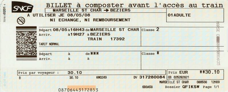 SNCF ticket from Marseille to Béziers.
