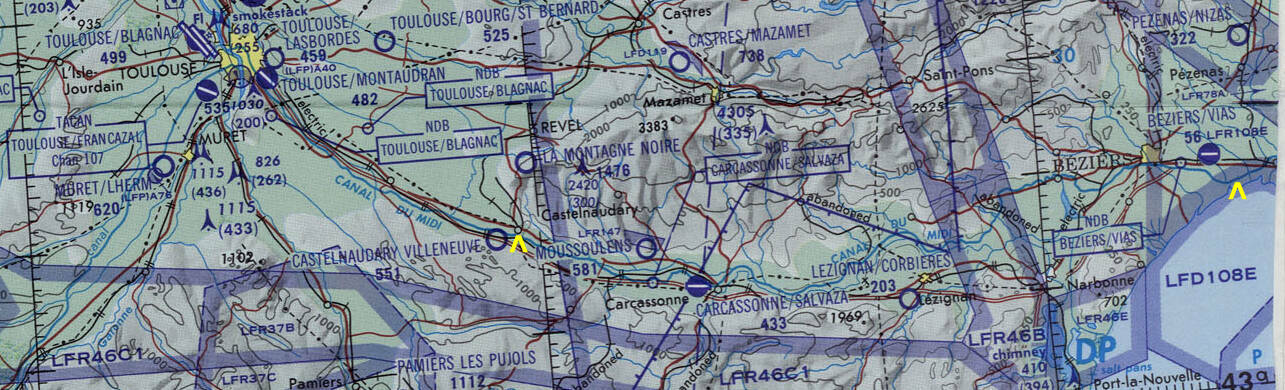 ONC F-1 map from Perry Castañeda Library Map Collection at the University of Texas, http://lib.utexas.edu/maps/, annotated to show start and end points of the boat trip along the Canal du Midi.