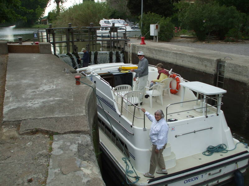 Passing through a lock on the the Canal du Midi in a rented boat.