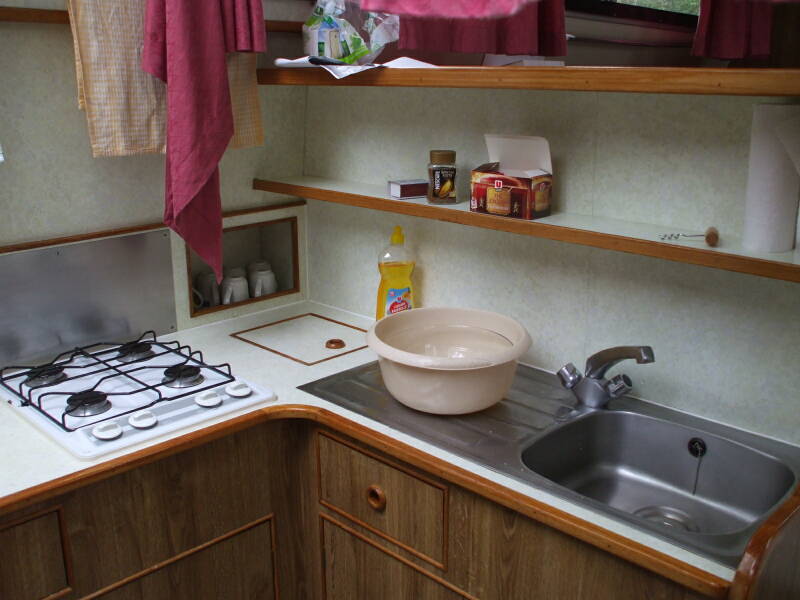 Galley on board a rented canal boat.