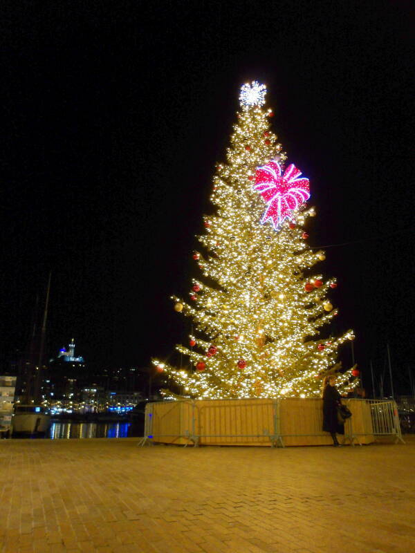 Christmas decorations around Vieux Port, the Old Port, in Marseille, France.