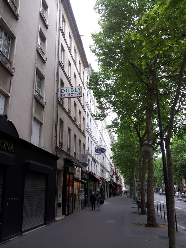 Sign at the Dubly Detective agency on Rue Tronchet in Paris.