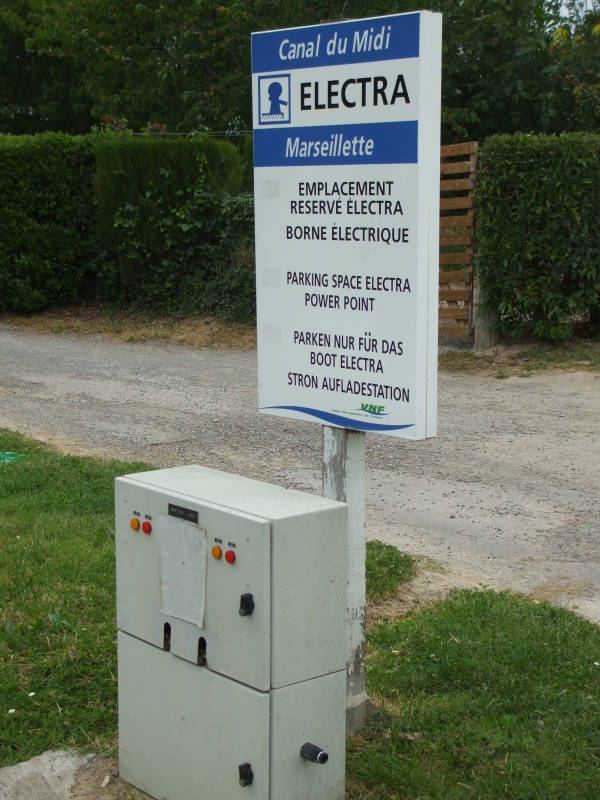 Electrical power point in a mooring area along the Canal du Midi in southern France.