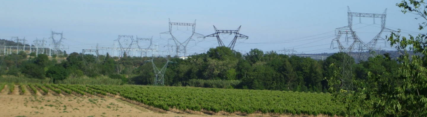 French electrical power lines in Midi, between Béziers and Carcassone.
