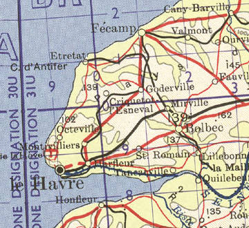 Portion of US Government map NM-30-31 showing Normandy coast from le Havre through Étretat to Fécamp.
