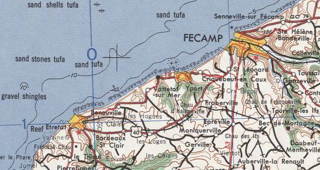 Portion of US Government map NM-31-7 showing Normandy coast from Étretat to Fécamp.