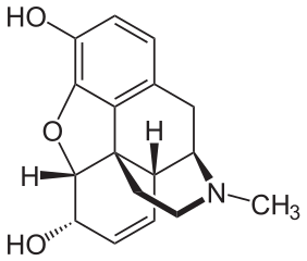 Morphine, the primary biologically active component of opium, from https://commons.wikimedia.org/wiki/File:Morphin_-_Morphine.svg